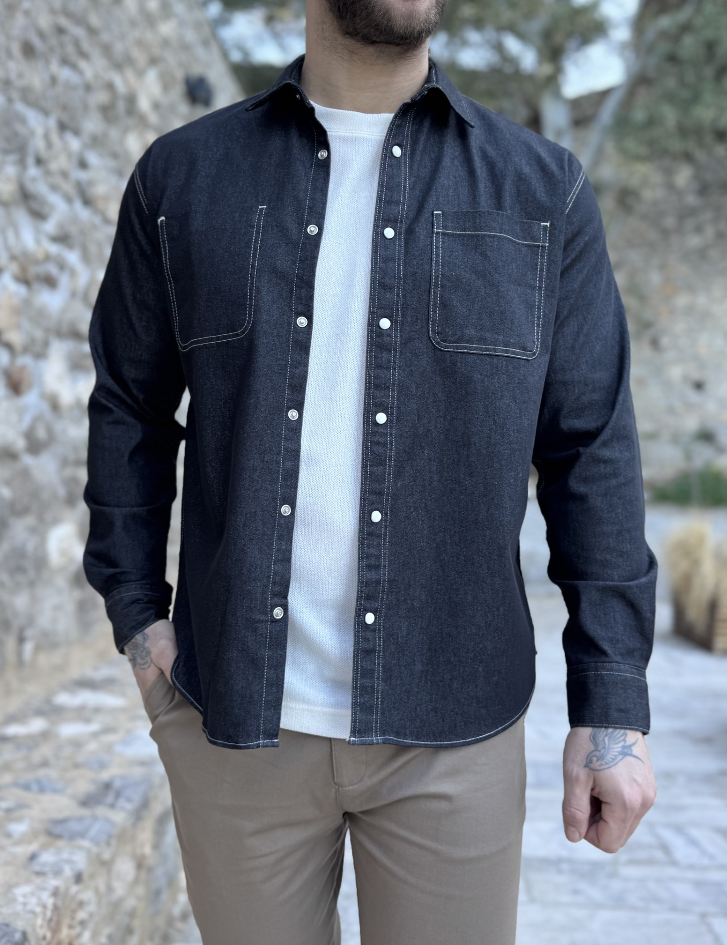 Marrakech ανδρικό μαύρο πουκάμισο με τσέπες TST2779Μ